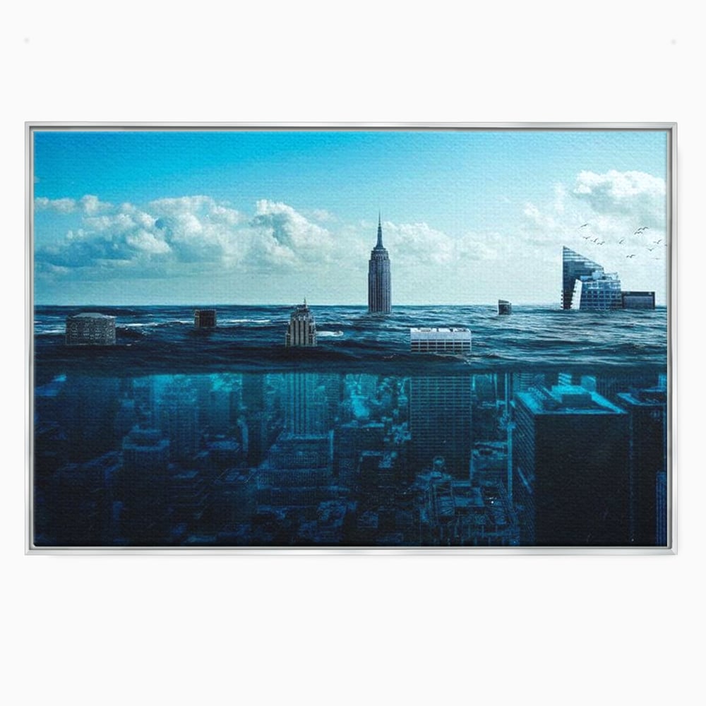 Tablou canvas cu ilustratie digitala cu oras scufundat in ocean, in rama de aluminiu argintiu